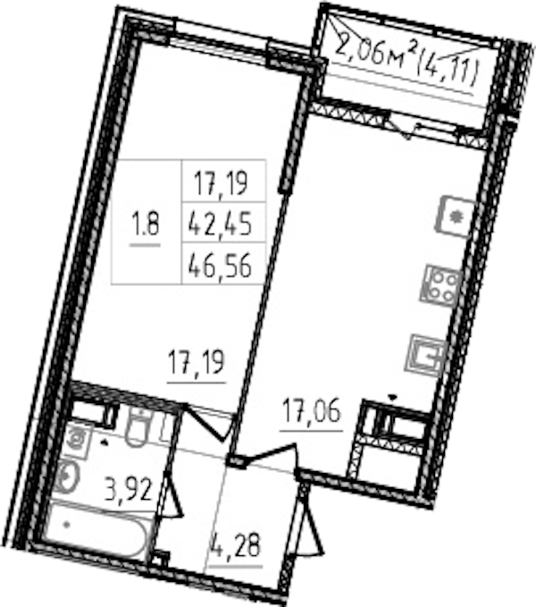 1-комнатная квартира 42.45 м², 12/14 эт., ЖК «Чёрная речка»